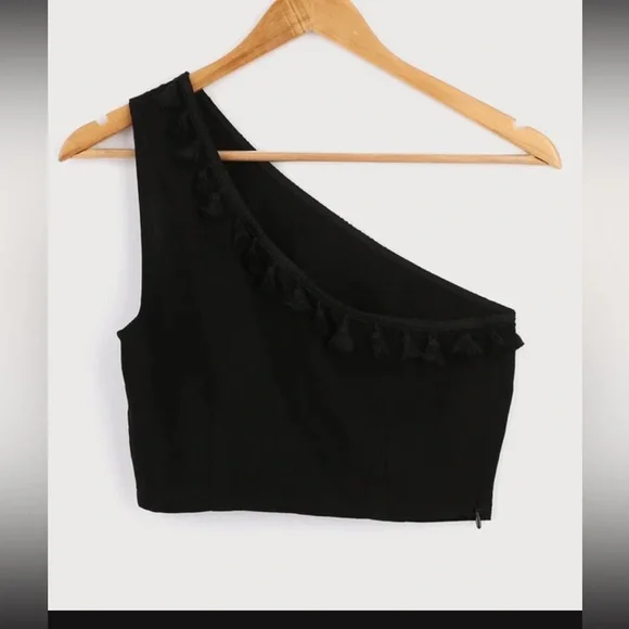 Linen Blend One Shoulder Tassel Crop Top & Wide-Leg Pants Set - Like New - Picture 9 of 17